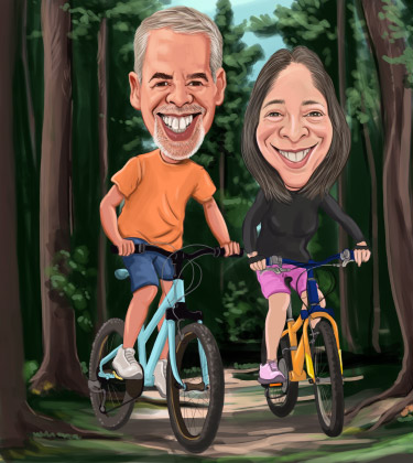Disegno personalizzato di una coppia di anziani in bicicletta nel bosco