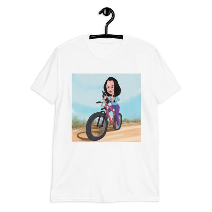 Caricatura della bici che disegna sulla stampa della maglietta