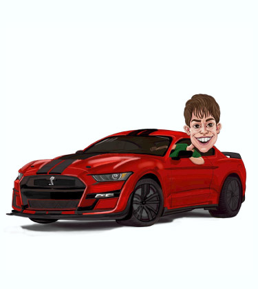 Disegno di un ragazzo con la testa che spunta dalla sua nuova auto sportiva Ford