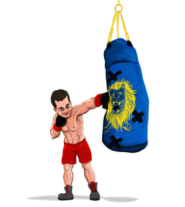 Caricatura divertente di un pugile che prende a pugni la sua borsa durante l'allenamento