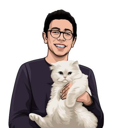 Caricatura divertente un ragazzo con il suo gatto