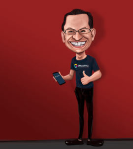 Ragazzo d'affari che tiene il telefono indossando la caricatura della maglietta di marca