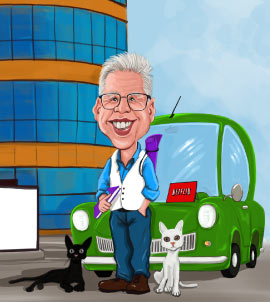 Uomo più anziano e due gatti davanti alla caricatura della torre