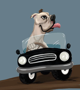 Cane alla guida di una caricatura di auto
