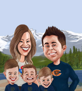 Gruppo familiare sulla neve accanto alla caricatura dell'albero