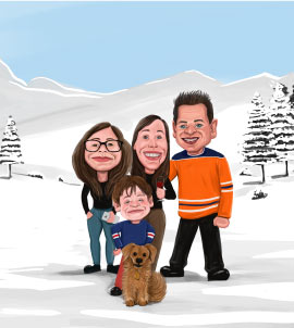 Due adulti e due bambini nella caricatura della natura