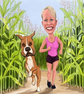 Donna mentre corre con una caricatura di cane