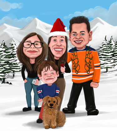 Caricatura personalizzata di tutta la famiglia mentre posa fuori nella neve accanto a un albero di Natale