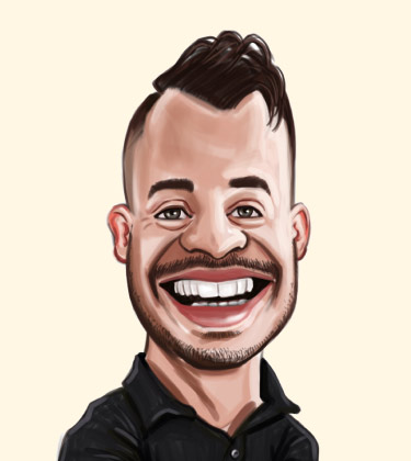 Divertente caricatura di un uomo con mascella enorme e testa che indossa una maglietta polo
