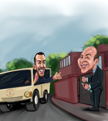 Due uomini che si divertono con l'auto nella caricatura del cortile