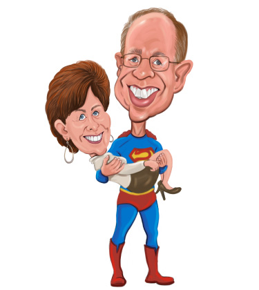 Schizzo divertente di un marito che solleva sua moglie nella sua maglietta di Superman
