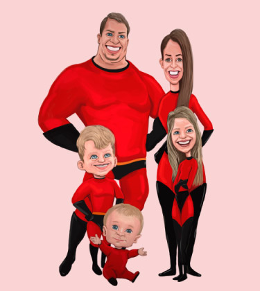 Famiglia cartoonizzata di 4 persone in uniforme rossa da supereroe