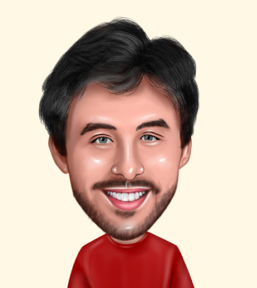 Caricatura realistica Ritratto di maschio dai capelli neri sulla trentina