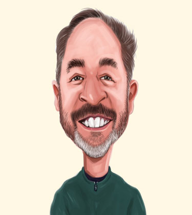 Divertente caricatura di un uomo sorridente di 50 anni con gli occhiali