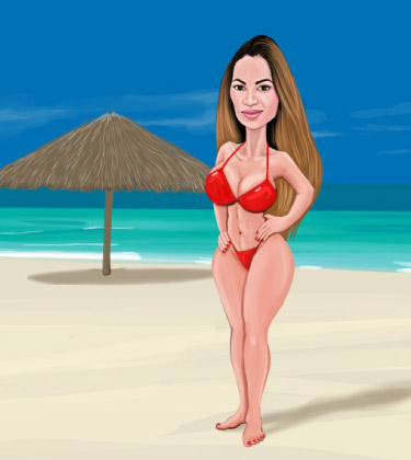 Ragazza che posa su una caricatura della spiaggia