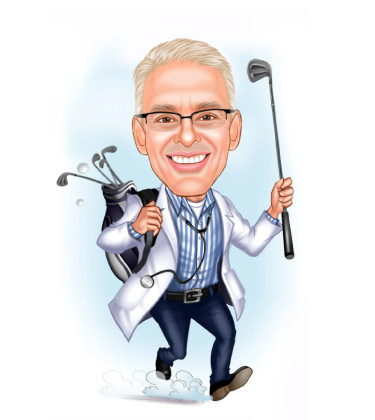 Dottore che gioca a una caricatura di golf