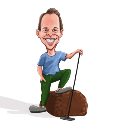 Caricatura di un giocatore di golf con il piede su una pietra