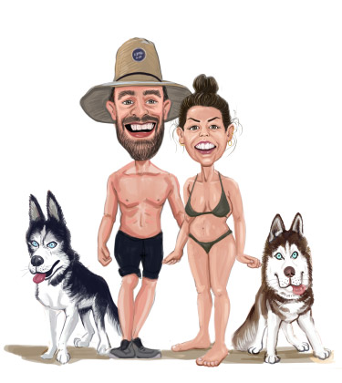 Fidanzato e fidanzata che camminano con i cani ciascuno nelle proprie mani