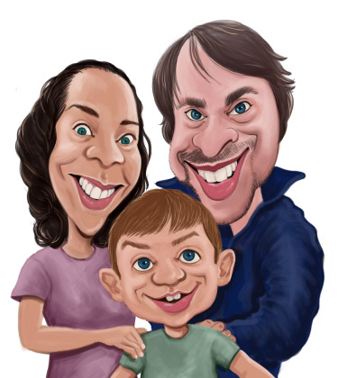 Divertente caricatura di schizzo di una famiglia di tre persone in un abbraccio