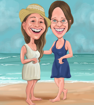 Caricatura di due amiche che si divertono molto in spiaggia