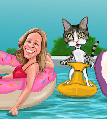 Gatto su uno scooter con il proprietario all'interno dell'opera d'arte della piscina