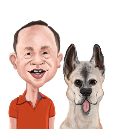 Simpatica caricatura di un uomo anziano con il suo cane