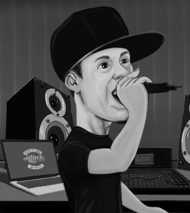 Ritratto di caricatura in bianco e nero di un rapper