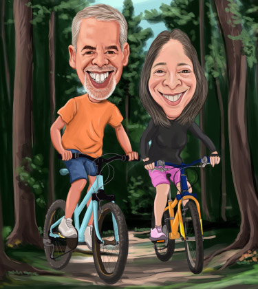 Disegno personalizzato di una coppia in bicicletta nei boschi