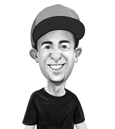 Caricatura in bianco e nero Ritratto di uno studente con cappello