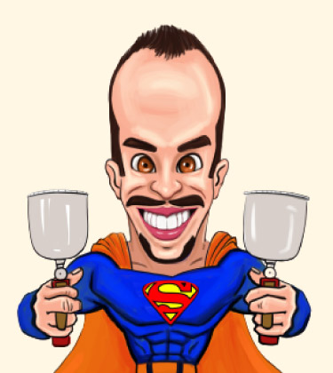 Divertente caricatura di un ragazzo in abiti da superman e con spatole in mano con un taglio di capelli fresco