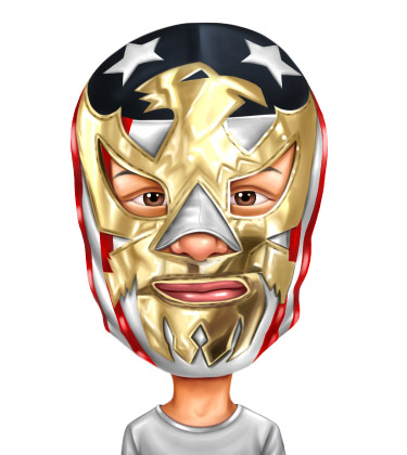 Ritratto di un ragazzino con la maschera del suo supereroe preferito