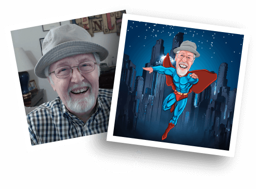 Caricatura del supereroe prima/dopo