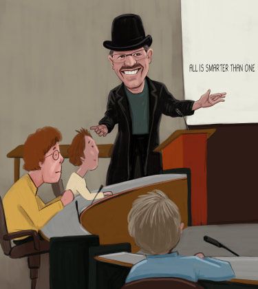 Professore davanti alla caricatura dei suoi studenti