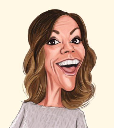 Caricatura divertente di una signora con un sorriso adorabile e enorme